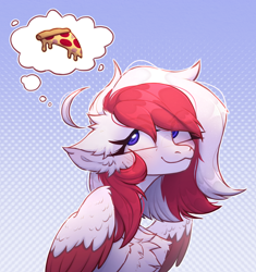 Size: 2818x3000 | Tagged: safe, artist:viryav, oc, oc only, oc:red wine, pegasus, bust, chest fluff, colored wings, cute, digital art, food, gradient background, meat, pegasus oc, pepperoni, pepperoni pizza, pizza, portrait, solo, two toned mane, two toned wings, wings