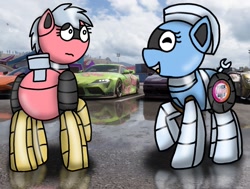 Size: 1429x1078 | Tagged: safe, artist:foxfer64_yt, oc, oc only, oc:silverstream (robot pony), oc:trackhead, pony, robot, robot pony, duo, raised hoof, rule 63, smiling