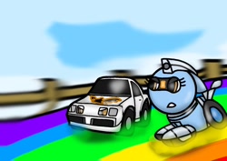 Size: 1270x900 | Tagged: safe, artist:foxfer64_yt, oc, oc only, oc:silverstream (robot pony), angry, car, duo, looking at each other, looking at someone, meister, race, race track, rainbow, sky