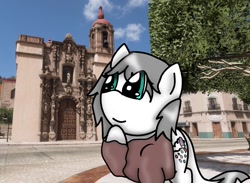 Size: 1479x1080 | Tagged: safe, artist:foxfer64_yt, oc, oc only, earth pony, pony, cathedral, city, day, guanajuato, looking up, pointing at self, solo