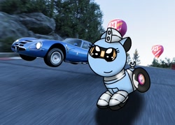 Size: 1512x1080 | Tagged: safe, artist:foxfer64_yt, oc, oc only, oc:silverstream (robot pony), pony, car, jumping, racing, solo