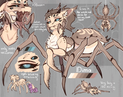 Size: 1262x1000 | Tagged: safe, artist:dorkmark, oc, oc only, oc:dima, hybrid, monster pony, original species, pony, spider, spiderpony, drool, forked tongue, multiple eyes, reference sheet, solo, spider web, tongue out