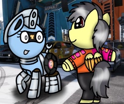 Size: 1278x1075 | Tagged: safe, artist:foxfer64_yt, oc, oc only, oc:silverstream (robot pony), oc:thunder (fl), pegasus, pony, amazed, bipedal, clothes, duo, jumper, looking at each other, looking at someone, smiling