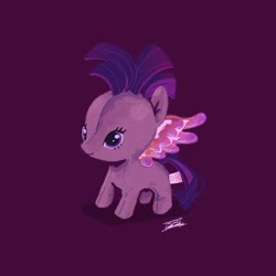 Size: 2048x2048 | Tagged: safe, artist:ubiquitousdeer, twilight sparkle, pegasus, pony, g4, alternate hairstyle, beanie babies, big forehead, colored wings, countershading, eyelashes, female, high res, mare, multicolored mane, multicolored tail, multicolored wings, pegasus twilight sparkle, plushie tag, purple background, purple eyes, race swap, shadow, shiny wings, signature, simple background, solo, sparkly wings, spread wings, tail, toy interpretation, wingding eyes, wings