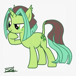 Size: 950x950 | Tagged: safe, artist:ubiquitousdeer, oc, oc only, oc:emerald evergreen, pony, unicorn, ear tufts, eyebrows, eyelashes, female, freckles, green coat, green eyes, hoof under chin, horn, leonine tail, long tail, mare, raised eyebrow, raised hoof, show accurate, signature, simple background, smiling, solo, straight mane, straight tail, tail, two toned mane, two toned tail, unicorn horn, unicorn oc, white background, wingding eyes