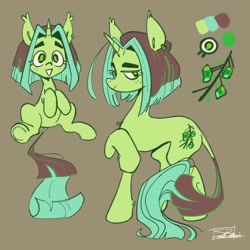 Size: 2048x2048 | Tagged: safe, artist:ubiquitousdeer, oc, oc only, oc:emerald evergreen, pony, unicorn, chest fluff, color palette, duality, ear tufts, eyelashes, female, freckles, gray background, green coat, green eyes, high res, horn, leg fluff, leonine tail, lidded eyes, long legs, long tail, looking back, mare, raised hoof, raised hooves, reference sheet, signature, simple background, sitting, smiling, solo, standing, straight mane, straight tail, tail, thick eyebrows, unicorn horn, unicorn oc, wingding eyes