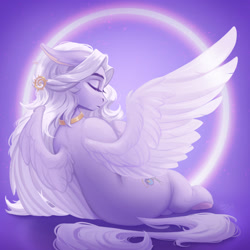 Size: 2048x2048 | Tagged: safe, artist:amishy, oc, oc only, pegasus, pony, abstract background, eyes closed, jewelry, necklace, pegasus oc, signature, solo, spread wings, wings