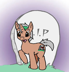 Size: 400x420 | Tagged: safe, artist:asuraludu, oc, oc only, oc:meadowshrine, pony, unicorn, grass, gravestone, horn, male, raised hoof, solo, stallion, tail, unicorn oc