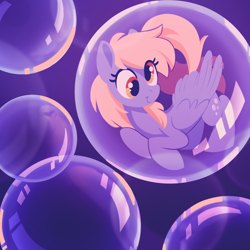 Size: 1500x1500 | Tagged: safe, artist:crimmharmony, derpy hooves, pegasus, pony, g4, bubble, cross-eyed, cute, derpabetes, female, floating, folded wings, happy, in bubble, mare, smiling, solo, wings