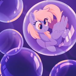 Size: 1500x1500 | Tagged: safe, artist:crimmharmony, derpy hooves, pegasus, pony, g4, bubble, cross-eyed, cute, derpabetes, derpy hooves in bubble, female, floating, folded wings, happy, in bubble, mare, smiling, solo, wings