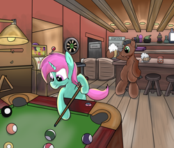 Size: 2600x2200 | Tagged: safe, artist:amateur-draw, oc, oc only, oc:belle boue, oc:oak wood, earth pony, pony, unicorn, alcohol, bar, bar stool, bipedal, bottle, cafe, cider, cue ball, darts, drink, horn, male, playing, pool table, scenery, sitting, slot machine, stallion, unicorn oc