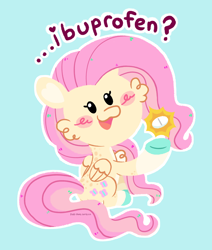 Size: 2200x2600 | Tagged: safe, artist:pink-pone, fluttershy, pony, g4, blue background, chibi, ibuprofen, pill, simple background, solo