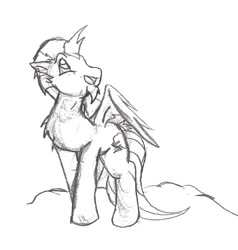 Size: 867x910 | Tagged: safe, artist:asuraludu, oc, oc only, oc:dreamcatcher, pegasus, pony, 2013, chest fluff, cloud, grayscale, looking up, male, monochrome, on a cloud, open mouth, open smile, pencil drawing, simple background, smiling, solo, stallion, tail, traditional art, white background