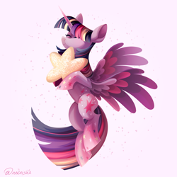 Size: 3000x3000 | Tagged: safe, artist:neonishe, twilight sparkle, alicorn, pony, g4, cute, eyes closed, female, flying, happy, mare, rainbow power, smiling, solo, spread wings, stars, twiabetes, twilight sparkle (alicorn), wings