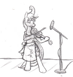 Size: 867x910 | Tagged: safe, artist:asuraludu, oc, oc only, oc:viola strum, unicorn, semi-anthro, 2013, bow (instrument), eyes closed, female, grayscale, horn, mare, microphone, microphone stand, monochrome, musical instrument, playing instrument, smiling, solo, tail, traditional art, viola