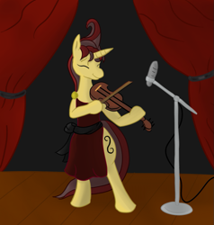 Size: 867x910 | Tagged: safe, artist:asuraludu, artist:theaubri, oc, oc only, oc:viola strum, unicorn, semi-anthro, 2013, bipedal, bow (instrument), collaboration, curtains, eyes closed, female, horn, mare, microphone, microphone stand, musical instrument, playing instrument, smiling, solo, stage, tail, viola