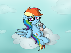 Size: 4089x3079 | Tagged: safe, artist:background basset, rainbow dash, pegasus, pony, g4, cloud, cup, drink, drinking, drinking straw, sitting, sky, solo