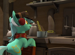 Size: 2366x1728 | Tagged: safe, artist:xafilah, lyra heartstrings, pony, unicorn, g4, 3d, clothes, cooking, earmuffs, gmod, horn, magic, pot, scarf, solo, source filmmaker, stove, telekinesis, tongue out