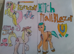 Size: 2998x2223 | Tagged: safe, artist:blackblade360, applejack, fluttershy, hitch trailblazer, earth pony, pegasus, pony, g4, g5, applejack's hat, colored pencil drawing, cowboy hat, female, flying, generation leap, hat, hitch and his 2nd heroine, hitch and his heroine, irl, male, mare, paper, pencil drawing, photo, raised hoof, sheriff's badge, simple background, smiling, spread wings, stallion, tail, tail band, title card, traditional art, trio, two toned mane, two toned tail, unshorn fetlocks, white background, wings, yellow skin