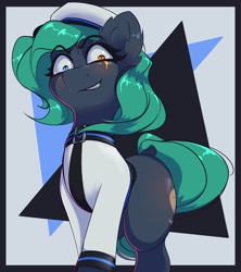 Size: 1774x2000 | Tagged: safe, artist:princess_rari, oc, oc only, oc:colour field, earth pony, clothes, earth pony oc, eyebrows, eyebrows visible through hair, green hair, hat, heterochromia, scar, shrunken pupils, simple background, smiling, solo