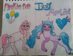 Size: 3122x2382 | Tagged: safe, artist:blackblade360, izzy moonbow, pinkie pie, earth pony, pony, unicorn, g4, g5, balloon, blue hair, bracelet, button, colored pencil drawing, cyan eyes, drawing, friendship bracelet, generation leap, gradient tail, horn, irl, izzy and her heroine, jewelry, looking at you, paper, photo, pink hair, pink skin, pose, shading, simple background, smiling, smiling at you, tail, title card, traditional art, unshorn fetlocks, white background