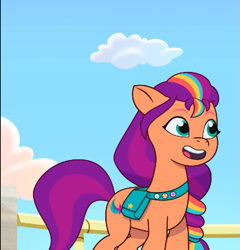 Size: 691x720 | Tagged: safe, screencap, sunny starscout, earth pony, pony, g5, my little pony: tell your tale, the unboxing of izzy, spoiler:g5, spoiler:my little pony: tell your tale, spoiler:tyts01e06, bag, cropped, cute, female, mane stripe sunny, mare, open mouth, saddle bag, solo, sunny's bag, sunnybetes