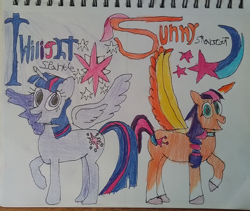 Size: 2516x2121 | Tagged: safe, artist:blackblade360, sunny starscout, twilight sparkle, alicorn, earth pony, pony, unicorn, g4, g5, artificial alicorn, bow, colored pencil drawing, cyan eyes, drawing, duo, duo female, female, generation leap, hair bun, horn, irl, looking at you, mare, orange skin, paper, photo, pose, purple eyes, purple skin, race swap, raised hoof, simple background, smiling, smiling at you, spread wings, sunny and her heroine, sunnycorn, tail, tail bow, title card, traditional art, twilight sparkle (alicorn), two toned hair, two toned mane, two toned tail, unshorn fetlocks, white background, wings