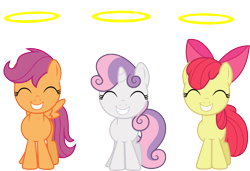 Size: 4384x3000 | Tagged: safe, artist:cloudy glow, apple bloom, scootaloo, sweetie belle, angel, earth pony, pegasus, unicorn, g4, stare master, .ai available, cutie mark crusaders, eyes closed, female, filly, foal, halo, horn, simple background, smiling, transparent background, vector