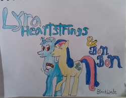 Size: 2190x1706 | Tagged: safe, artist:blackblade360, bon bon, lyra heartstrings, sweetie drops, earth pony, pony, unicorn, g4, colored pencil drawing, drawing, duo, duo female, eyelashes, female, flower, glowing, glowing horn, horn, irl, laughing, lesbian, mare, newbie artist training grounds, open mouth, orange eyes, paper, perspective, photo, raised hoof, ship:lyrabon, shipping, signature, smiling, tail, title card, traditional art, two toned hair, two toned mane, two toned tail, yellow coat