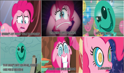 Size: 921x545 | Tagged: safe, screencap, discord, pinkie pie, draconequus, earth pony, g4, the one where pinkie pie knows, the return of harmony, balloon, female, hypno eyes, hypno pie, hypnosis, kaa eyes, low effort, male, mare, meme, text