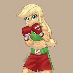 Size: 2048x2048 | Tagged: safe, artist:hexecat, applejack, human, equestria girls, g4, abs, boxer, boxing, boxing gloves, bra, brown background, clothes, commission, female, freckles, looking at you, shorts, simple background, smiling, smiling at you, solo, sports, toned, underwear