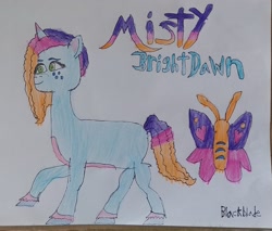 Size: 3054x2604 | Tagged: safe, artist:blackblade360, misty brightdawn, butterfly, pony, unicorn, g5, blue coat, butterfly wings, colored wings, cutie mark, drawing, eyebrows, female, freckles, horn, irl, mare, multicolored hair, multicolored mane, multicolored tail, paper, photo, raised hoof, raised leg, rebirth misty, signature, simple background, smiling, solo, tail, title card, traditional art, unshorn fetlocks, wings