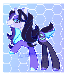 Size: 772x868 | Tagged: safe, artist:singingsun, oc, oc only, pony, abstract background, female, gradient background, horns, looking at you, passepartout, raised hoof, solo