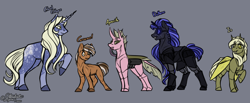 Size: 5800x2400 | Tagged: safe, artist:stardustspix, oc, oc only, oc:apocrita, oc:caramel, oc:cloud collapse, oc:disthene, oc:io, changeling, cyborg, earth pony, moth, mothling, original species, pony, unicorn, amputee, coat markings, colored eyebrows, colored eyelashes, earth pony oc, eyebrows, eyebrows visible through hair, female, freckles, high res, horn, male, mare, prosthetic eye, prosthetic leg, prosthetic limb, prosthetics, simple background, size difference, stallion, yellow changeling