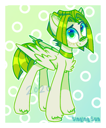 Size: 706x853 | Tagged: safe, artist:singingsun, oc, oc only, oc:limma citronyx, pegasus, pony, abstract background, bandaid, bandaid on nose, chest fluff, female, gradient background, looking at you, passepartout, smiling, solo, unshorn fetlocks