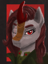 Size: 1487x2000 | Tagged: safe, artist:s3r4ph1n3, oc, oc:partisan hush, kirin, equestria at war mod, bust, clothes, communism, fatigues, gray coat, horn, kirin oc, looking at you, military, military pony, military uniform, one eye closed, painted, portrait, red eyes, red horn, red mane, simple background, solo, stalliongrad, uniform