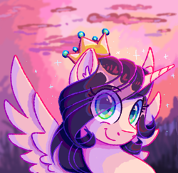 Size: 1142x1112 | Tagged: safe, artist:singingsun, oc, oc only, alicorn, pony, crown, eye clipping through hair, female, jewelry, looking at you, mare, regalia, smiling, smiling at you, solo, sparkles, sunset