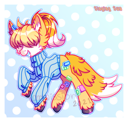 Size: 1114x1065 | Tagged: safe, artist:singingsun, oc, oc only, pony, abstract background, bandaid, clothes, covered eyes, fluffy tail, passepartout, smiling, solo, sweater, tail, unshorn fetlocks