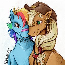 Size: 1280x1280 | Tagged: safe, artist:sleepy, applejack, rainbow dash, earth pony, pegasus, pony, g4, bandaid, bandaid on nose, blue coat, choker, clothes, cowboy hat, cutie mark on clothes, duo, duo female, ear piercing, embrace, female, folded wings, green eyes, hat, lesbian, looking at each other, looking at someone, multicolored hair, one eye covered, orange coat, piercing, ponytail, rainbow hair, red eyes, ship:appledash, shipping, simple background, smiling, smiling at each other, stetson, white background, wings, yellow mane