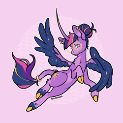 Size: 1000x1000 | Tagged: safe, artist:sokodraws, artist:sokoistrying, twilight sparkle, alicorn, classical unicorn, pony, g4, alternate design, base used, cloven hooves, colored wings, curved horn, ear piercing, earring, flying, glasses, hair bun, horn, jewelry, leonine tail, long horn, looking at you, piercing, pink background, ring, round glasses, simple background, solo, starry wings, tail, tail ring, twilight sparkle (alicorn), two toned wings, wings