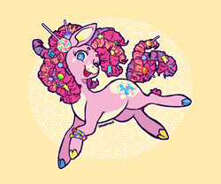 Size: 1000x833 | Tagged: safe, artist:sokodraws, pinkie pie, earth pony, pony, g4, alternate design, bracelet, candy, candy in hair, cloven hooves, female, food, hooves, jewelry, looking at you, mare, multicolored hooves, smiling, solo