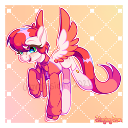 Size: 1103x1103 | Tagged: safe, artist:singingsun, oc, oc only, pegasus, pony, abstract background, clothes, colored wings, eye clipping through hair, eyebrows, eyebrows visible through hair, full body, gradient background, open mouth, open smile, passepartout, smiling, solo, teeth, two toned wings, wings