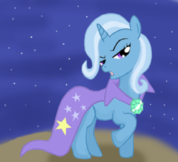 Size: 483x438 | Tagged: safe, artist:beutelwolf, trixie, pony, unicorn, g4, 2011, brooch, cape, clothes, female, horn, jewelry, lidded eyes, mare, open mouth, raised hoof, solo, stars, trixie's brooch, trixie's cape