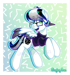 Size: 985x1049 | Tagged: safe, artist:singingsun, oc, oc only, pegasus, pony, abstract background, clothes, colored wings, eye clipping through hair, eyebrows, eyebrows visible through hair, full body, glasses, gradient background, male, open mouth, open smile, passepartout, shirt, smiling, solo, stallion, t-shirt, two toned wings, wings