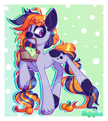 Size: 1177x1326 | Tagged: safe, artist:singingsun, oc, oc only, oc:black night comet, earth pony, pony, abstract background, basket, eye clipping through hair, eyebrows, eyebrows visible through hair, female, food, full body, gradient background, mare, mouth hold, orange, passepartout, solo, unshorn fetlocks