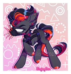 Size: 1133x1176 | Tagged: safe, artist:singingsun, oc, oc only, earth pony, pony, abstract background, ear piercing, earring, female, full body, gradient background, jewelry, mare, passepartout, piercing, solo, two toned mane