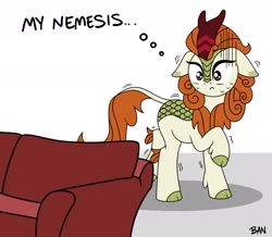 Size: 1899x1653 | Tagged: safe, artist:banquo0, autumn blaze, kirin, g4, adorable distress, cloven hooves, couch, cute, female, frown, raised hoof, scared, shivering, solo, sweat, sweatdrops, text, thought bubble
