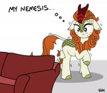 Size: 1899x1653 | Tagged: safe, artist:banquo0, autumn blaze, kirin, cloven hooves, couch, female, frown, raised hoof, scared, shivering, solo, sweat, sweatdrops, text, thought bubble