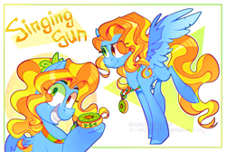Size: 4051x2725 | Tagged: safe, artist:singingsun, oc, oc only, oc:singing sun, pegasus, pony, abstract background, colored wings, eye clipping through hair, female, full body, heterochromia, smiling, solo, tail, teeth, two toned wings, wavy hair, wavy mane, wavy tail, wings
