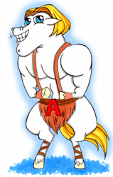 Size: 1955x3068 | Tagged: safe, artist:raxamermaid, bulk biceps, pegasus, pony, g4, alpha man, benzaie, bipedal, grin, hard corner, looking at you, male, simple background, smiling, solo, stallion, tgwtg, traditional art, white background